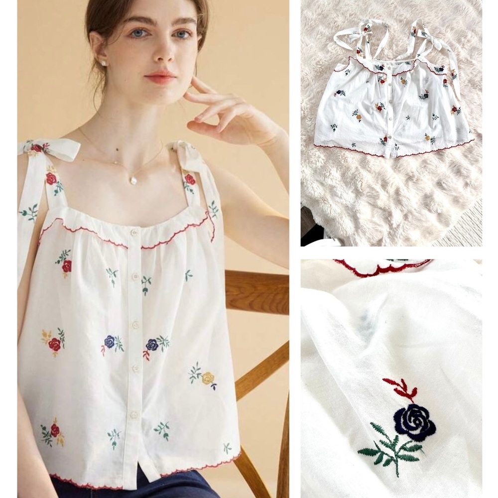 100% Cotton White Floral Embroidered Tie-Shoulder Cami